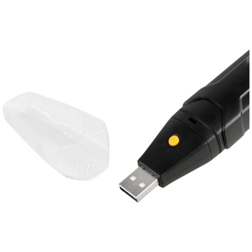 Ein schwarzer USB-Stick mit orangefarbenem Knopf, neben einer durchsichtigen Kappe.